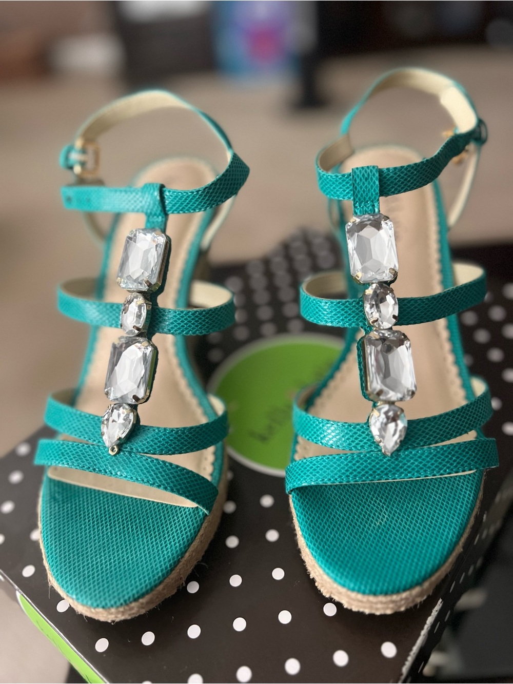 Kelly & Katie Turquoise Jeweled T-Strap Espadrille Wedges